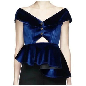 Self-Portrait Blue Velvet Off-Shoulder Blouse